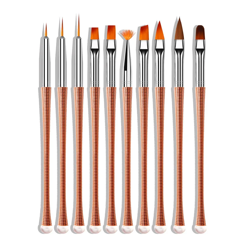 

10Pcs/Set Nail Brushes Rose Gold Threaded Handle Phototherapy Pen Pulling Liner Pen For Manicure Drawing Painting Carving Tools