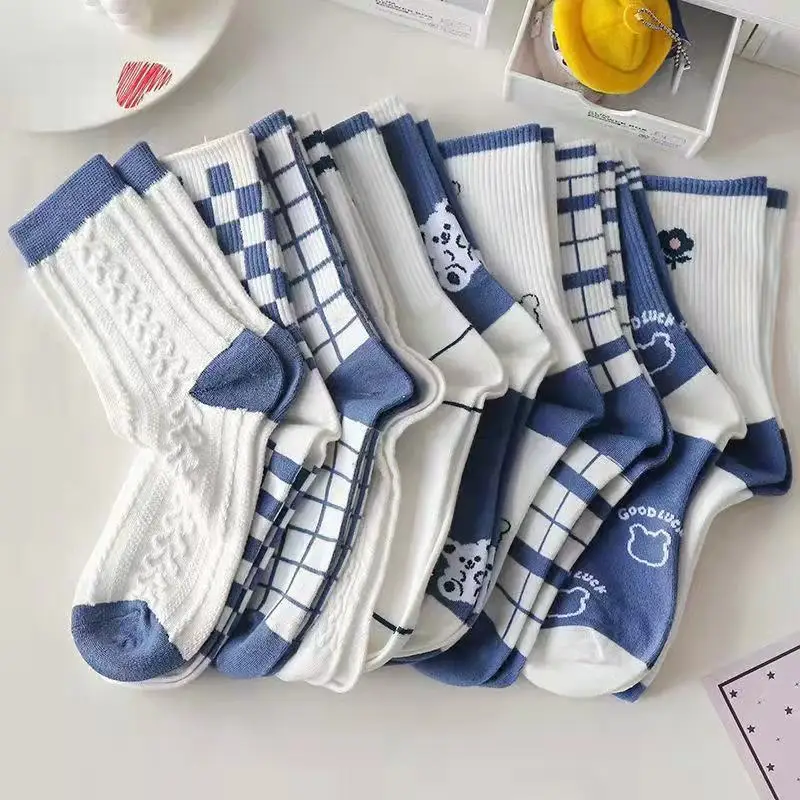 Japan Harajuku style cartoon creative striped checkered bear socks kawaii print funny girl socks fashion skateboard woman socks