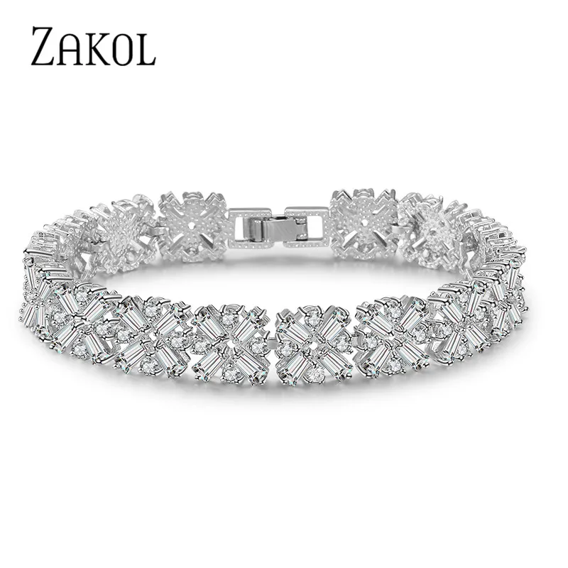 

ZAKOL Women Fashion Jewelry Gorgeous White Color Spring Flower Cubic Zirconia Connected Tennis Bracelet for Brides FSBP010