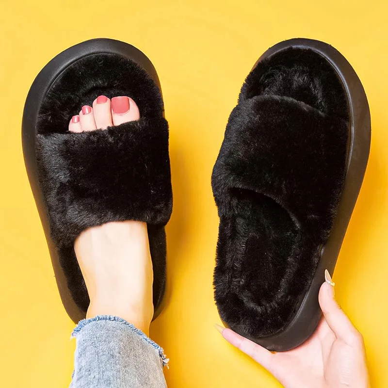YISHEN Fur Slippers Women Slides Furry Flat Sandals Indoor House Shoes Thick Slides Ladies Flip Flop Luxury Zapatillas De Piel