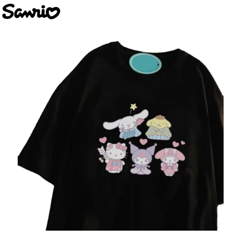 

Sanrio кавайная японская мультяшная аниме рулон корицы Kuromi Милая футболка с коротким рукавом женский свободный топ большого размера летняя одежда