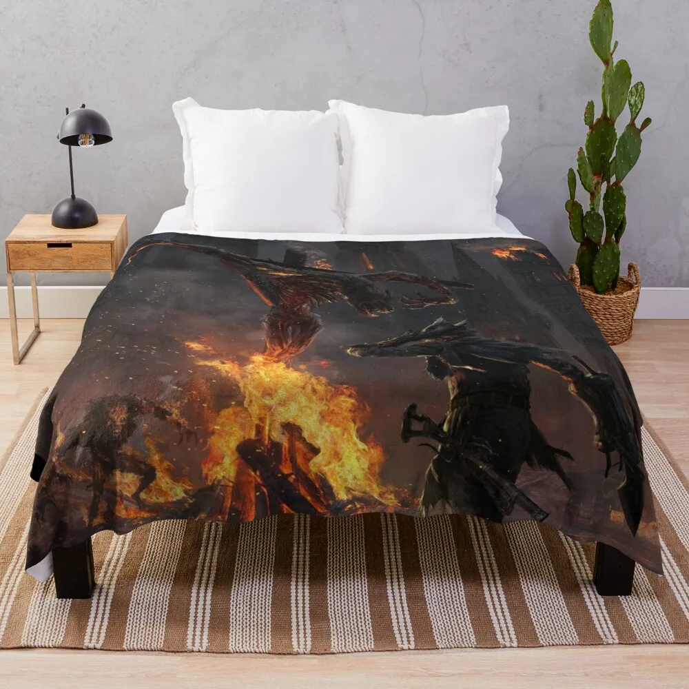 Фланелевое одеяло The Burning of Old Yharnam на заказ винтажные декоративные одеяла для