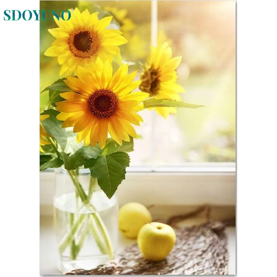 

SDOYUNO Oil Painting By Number Sunflower Coloring Drawing Diy Kits For Adults On Canvas Picture By Numbers For Home Decor Gift