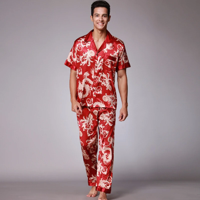 021 Autumn Summer Loungewear Short Sleeves Long Pants Pajama Set Men Printed Satin Silk Pyjamas Male Pajamas Pijama Sleepwear