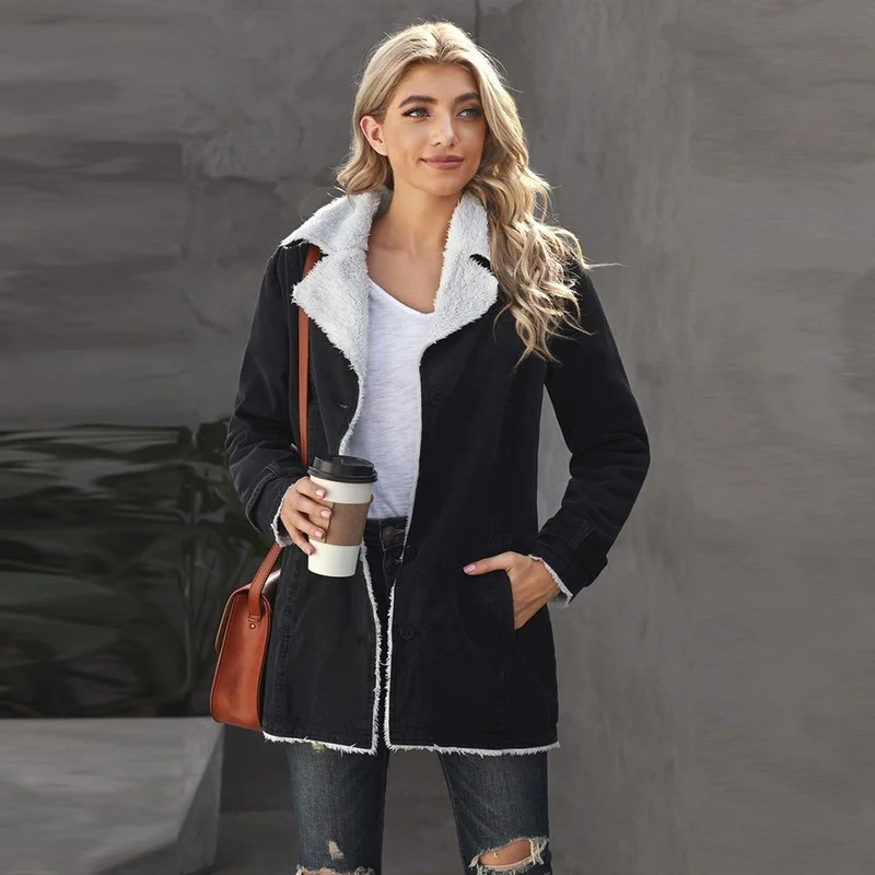 Autumn Winter Warm Furry Lapel Thick Coats Women Solid Colors Single Breasted Parkas Office Lady Chic Casual Commuter Overcoats