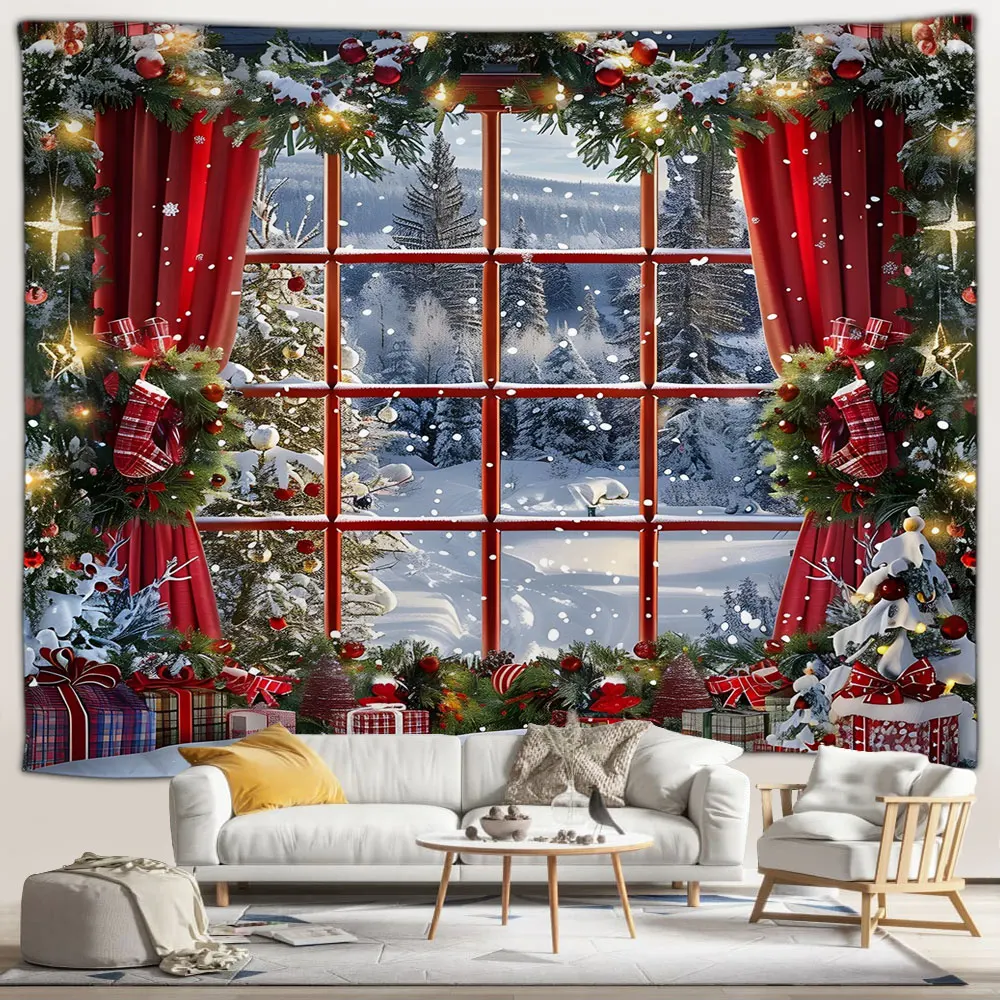 Рождественский гобелен красная занавеска рождественские елки наружное окно