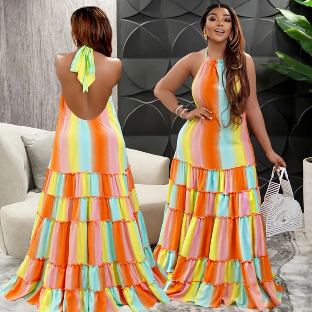 

African Dress For Women Sleeveless Backless Sexy Long Dress Sling Halter Print Loose Maxi Dress Robe Africaine Femme Clothes