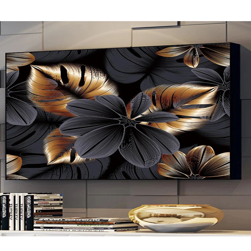 

Мозаика с абстрактными растениями, «сделай сам», алмазная живопись, черные и золотые цветы, современный интерьер, Декор, полная квадратная, ...