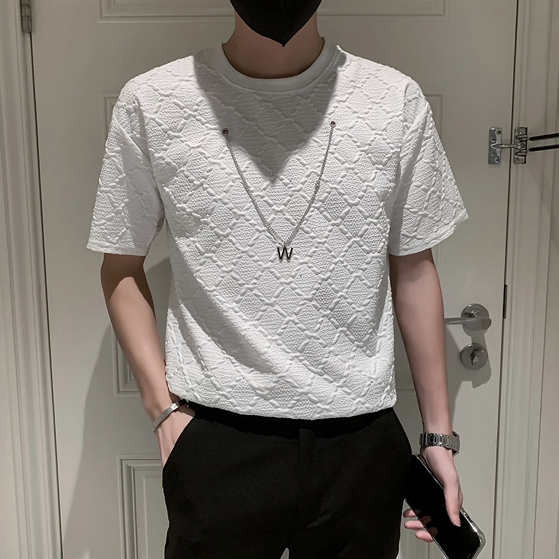 

Summer Embossed Plaid Pattern Men T-shirt High Grade O-neck Short Sleeve Male Tops Tee Asian Size Solid Color Casual Camisetas