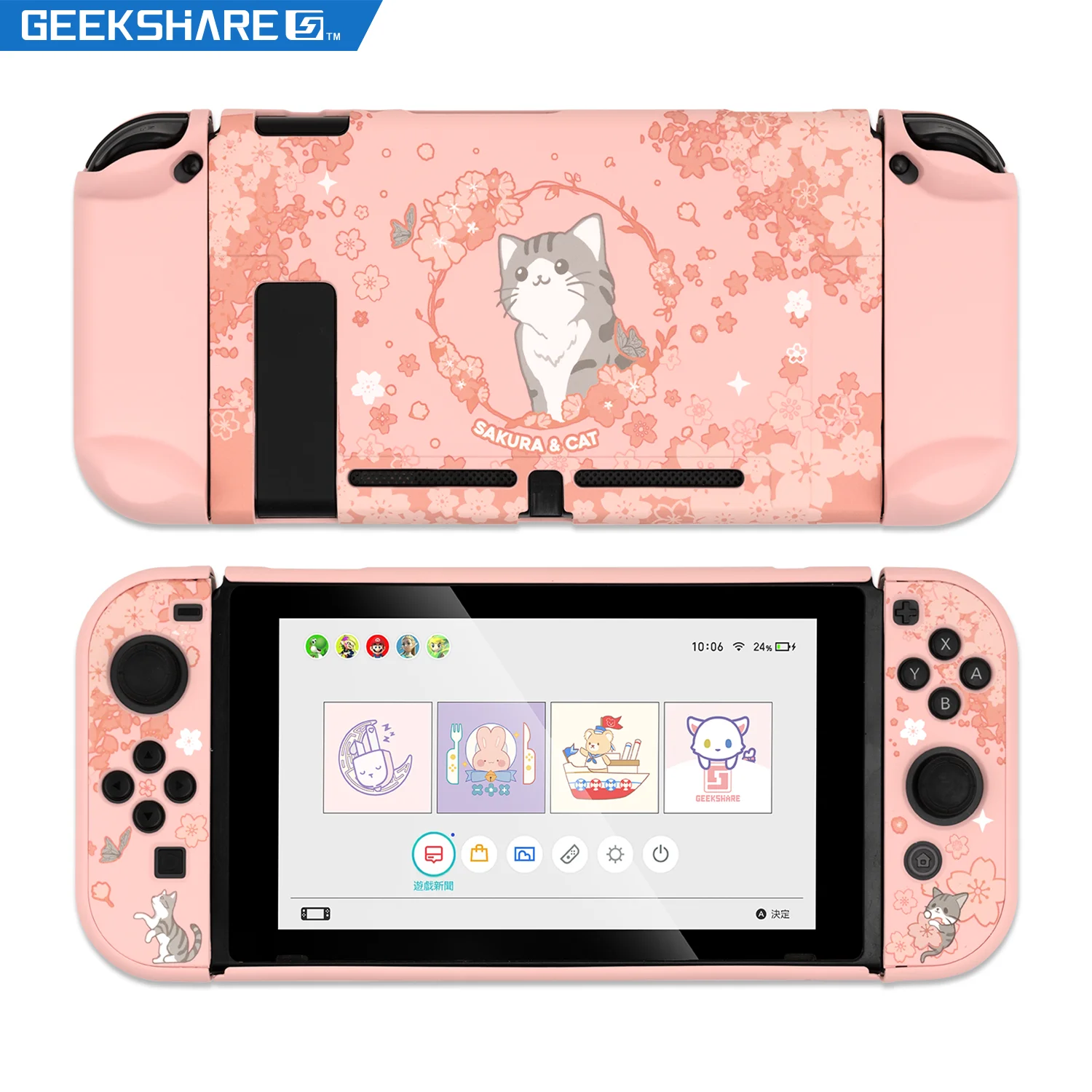 

Милый чехол GeekShare для Nintendo Switch, чехол с розовым мультяшным изображением сакуры, кота, сказочной лиги, чехол с полным покрытием, Жесткий Чехол