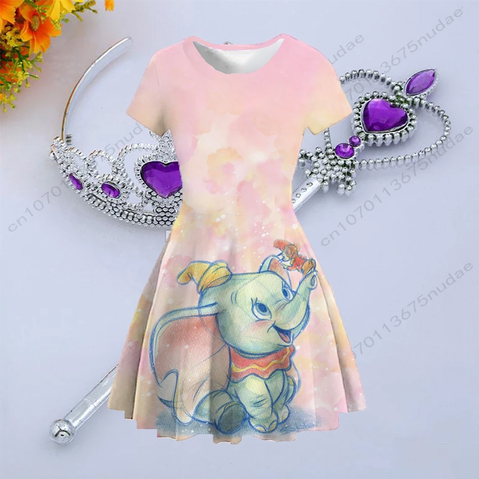 Купи Summer New Disney Dumbo Princess Dress Children's Clothing Printed Round Neck Short Sleeve Casual Cute Skirt Girls Tops за 235 рублей в магазине AliExpress