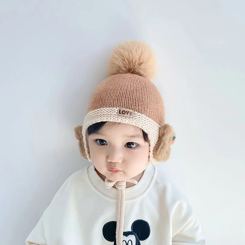 

Детская шапка с помпоном для защиты ушей, зимняя хлопковая подкладка, Мультяшные животные, шерпа, Перу, с капюшоном, Детская вязаная Милая ша...