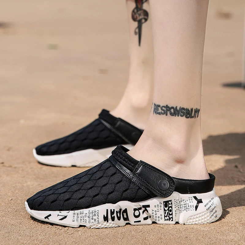 Summer Mens Mesh Sandals Breathable Slippers Lightweight Half Flip Flop Male Fashion Slip-on Outdoor Hole Sandals Beach Shoes