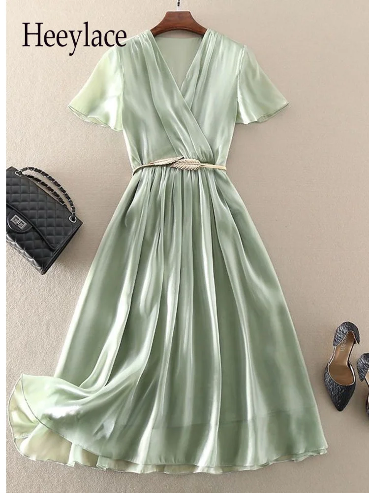 

Summer Midi Dress For Women Luxury Temperament Short Sleeve V-Neck Butterfly Sleeve Dresses Office Lady Solid Chiffon Dresses