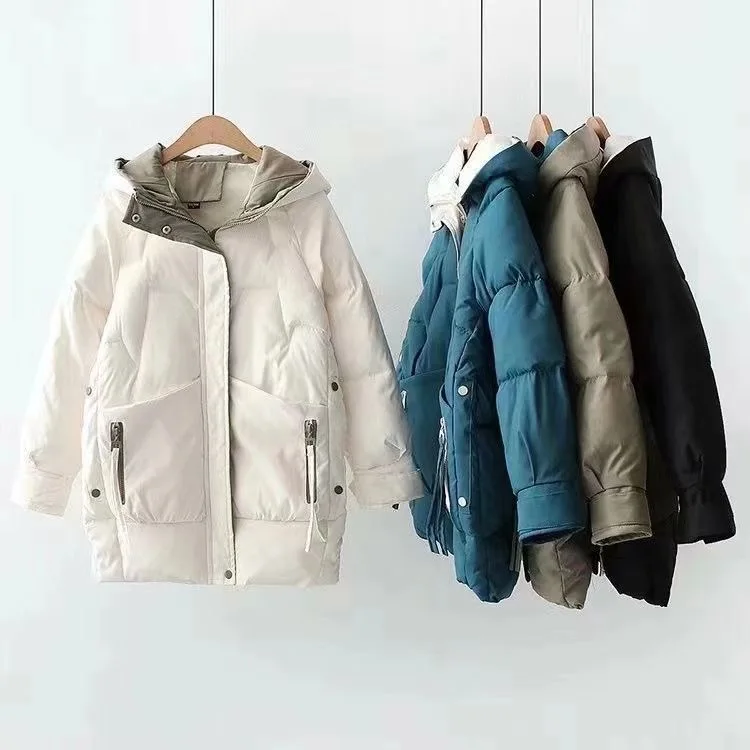 New Winter Women Thick Hooded Down Jacket Solid Cotton Warm Padded Parka Female White Loose Zipper Short Coat Padded Outwear