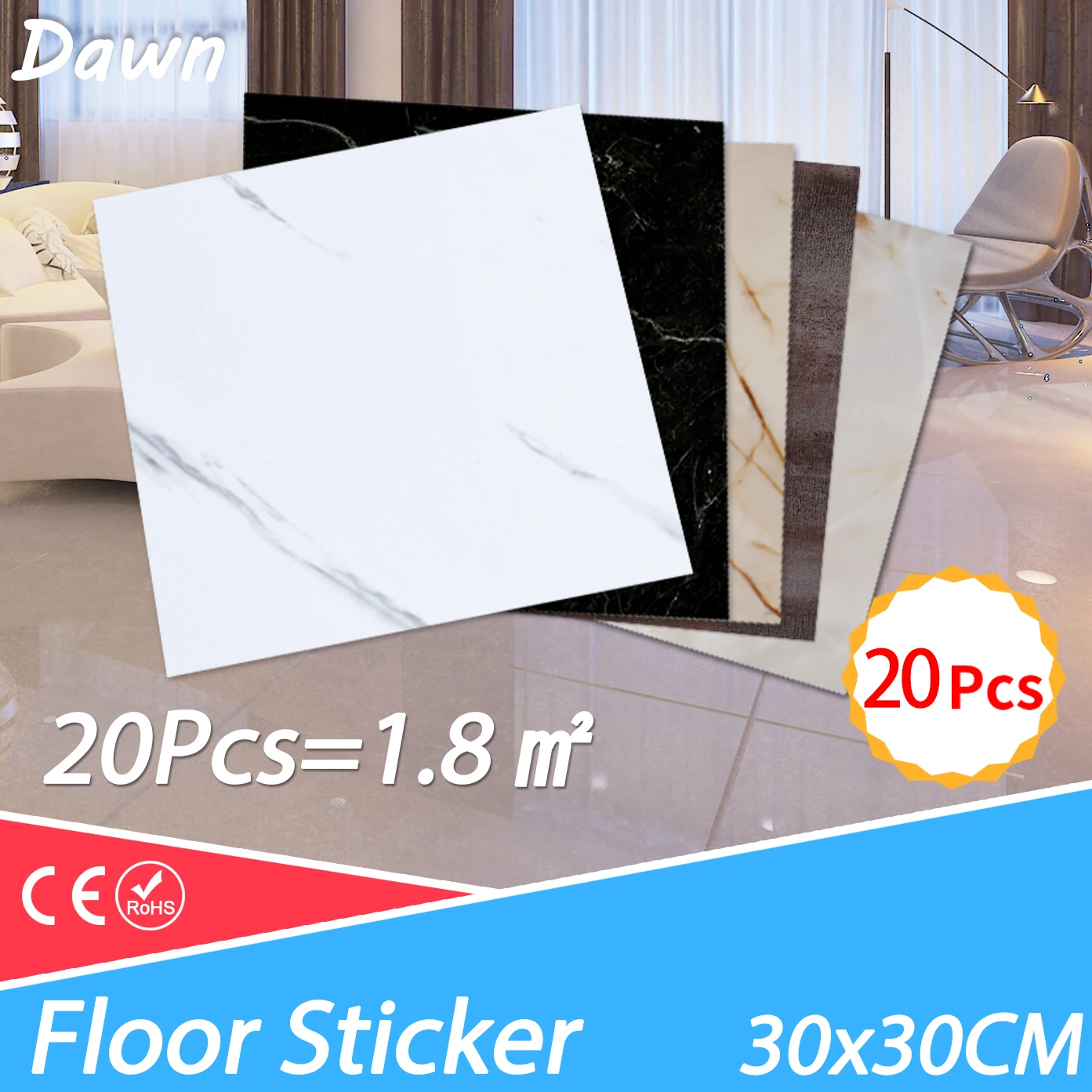 

20pcs 30*30cm PVC Flat Imitation Marble Tile Floor Stickers Self-adhesive 3D Wall Stickers Waterproof Bathroom Decals