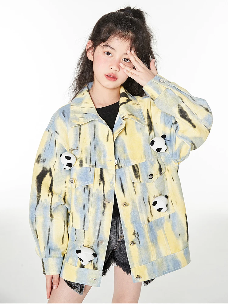 Baby Girls Outerwear Coat 100% Cotton Denim Cartoon Panda Cute 5T 14Y Kids Clothing 2022 Spring Autumn Single Breasted 165cm