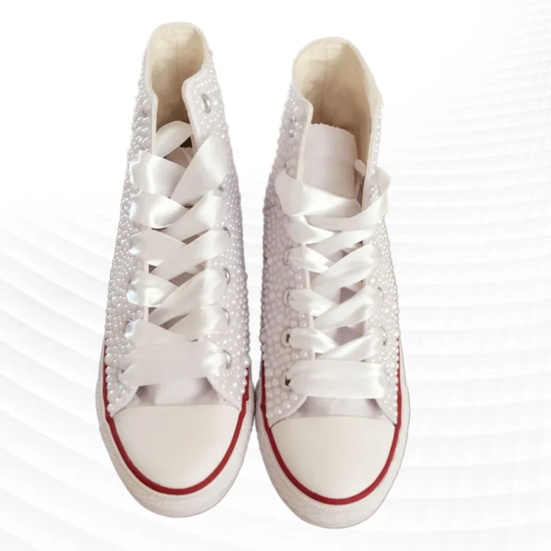 

White high-top canvas shoes pearl rhinestone comfortable walking sneakers handmade rhinestones neutral vulcanized shoes 35-46