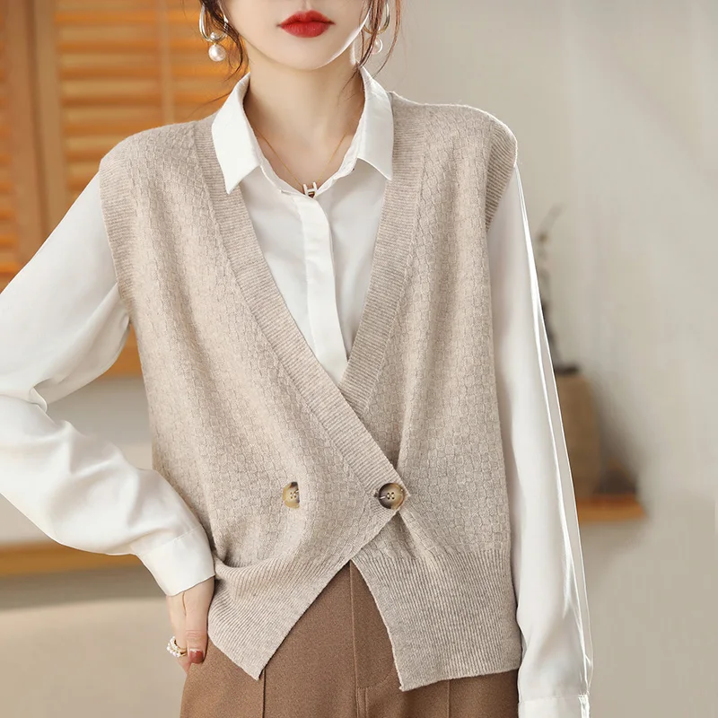 

FRSEUCAG 2022100% pure wool vest spring new women's v-neck cardigan cashmere vest loose knitted jacket sleeveless sweater M-XXL