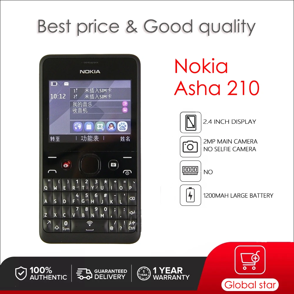 

Оригинальный разблокированный телефон Nokia Asha 210(2013) с одной SIM-картой, экраном 2,4 дюйма, камерой 2 МП, литий-ионным аккумулятором 1200 мАч