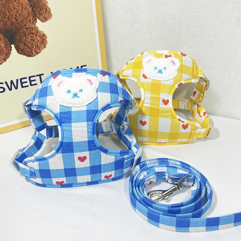 

Plaid Dog Harnesses and Leash Set Heart Print Escape Proof Puppy Harness Vest Mesh Adjustable Pet Supplies for Small Medium Dogs