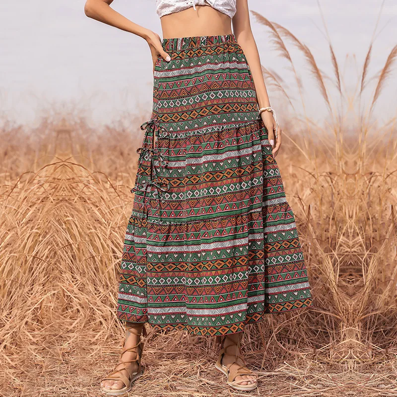 

【JENNER】Summer new women's ethnic style long slim print lace-up slit skirt women's light