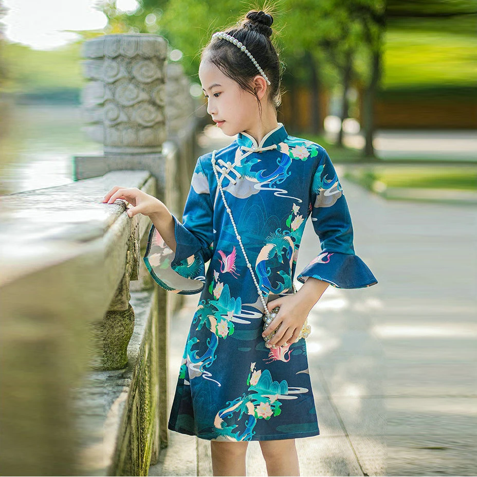 2024 г. Голубое платье Ципао для девочек воротник-стойка три четверти