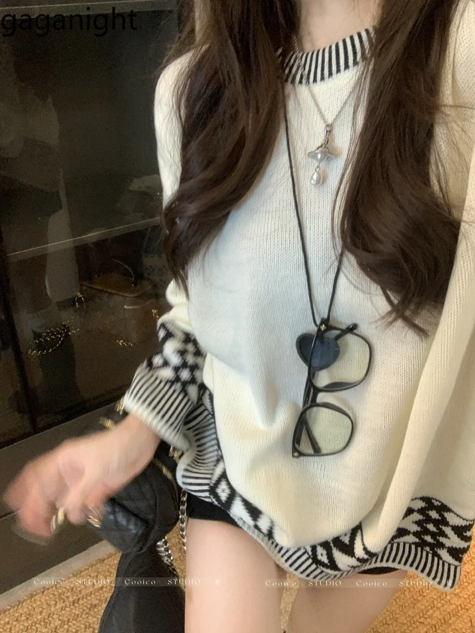 Gaganight Женский жаккардовый Свободный Повседневный свитер контрастных цветов с