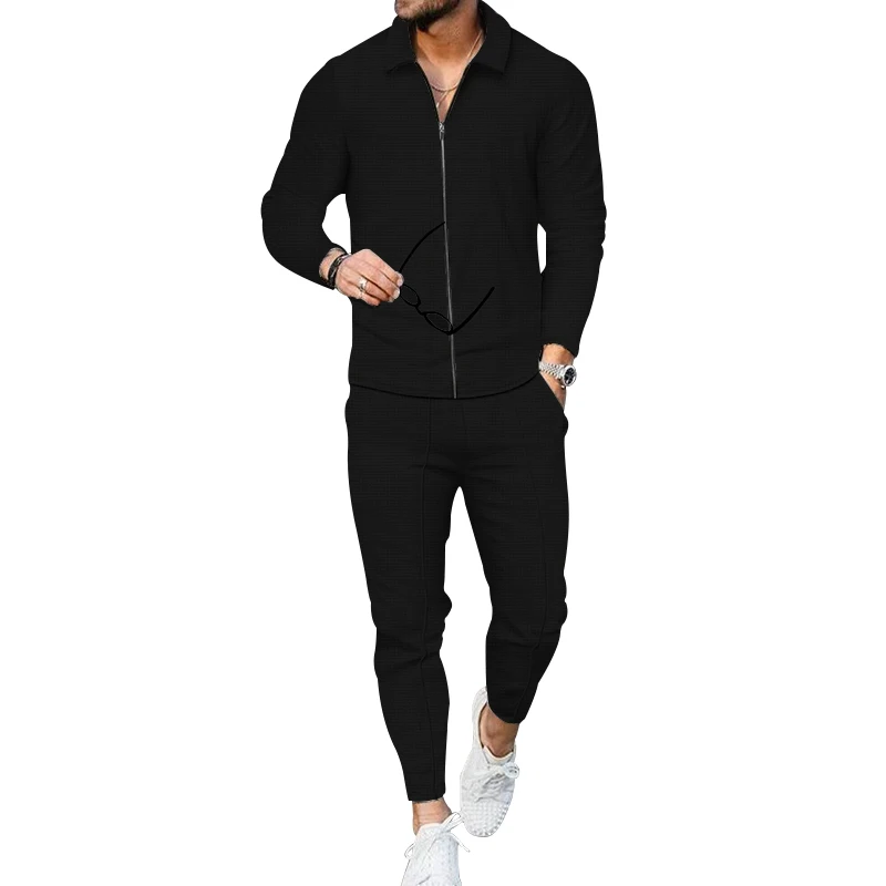 

2023 Spring and Autumn New Men's Clothing Waffle Sports Casual Long-sleeved Trousers Two-piece Slim Men's Suit