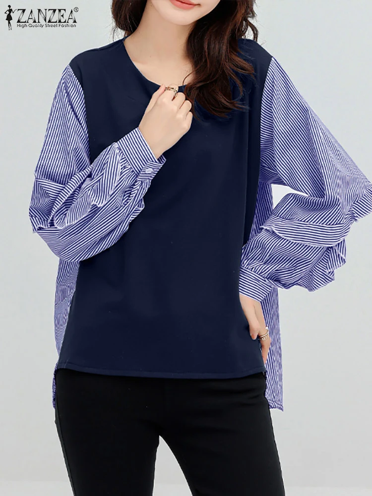 

Модные женские Топы в стиле пэчворк ZANZEA, Осенние повседневные свободные блузы с круглым вырезом и длинным рукавом, элегантные Рабочие Рубашки