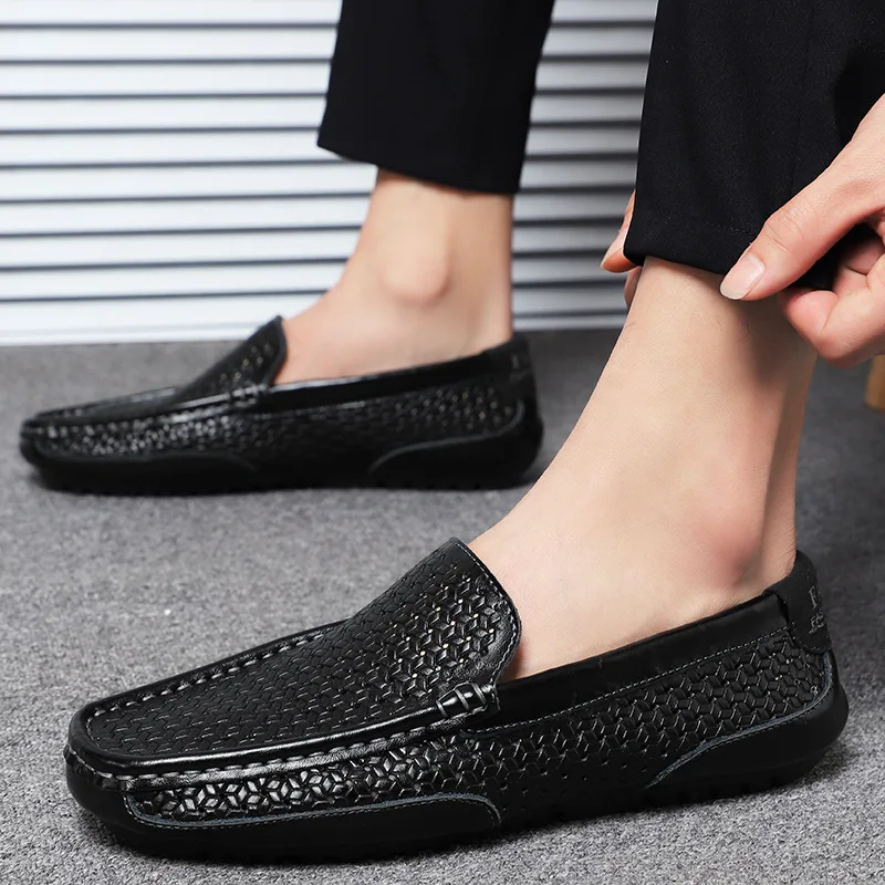 

Men Black Genuine Leather Shoes Casual Luxury Brand Mens Loafers Summer Moccasins Italian Breathable Slip on Flat Shoes Big Size