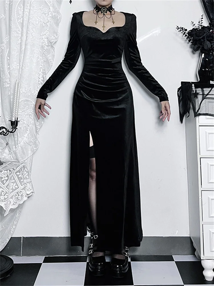 

Женское бархатное платье с квадратным вырезом, Длинное Элегантное приталенное платье в стиле Харадзюку, с разрезом, в готическом стиле, осень 2023