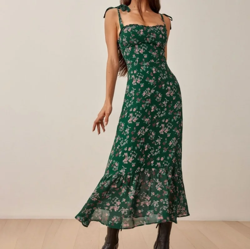 

Maxi Vintage Green Floral Printed Dresses for Women 2023 Elegant Sexy Spaghetti Strap Chiffon Long Dress Vestidos De Fiesta