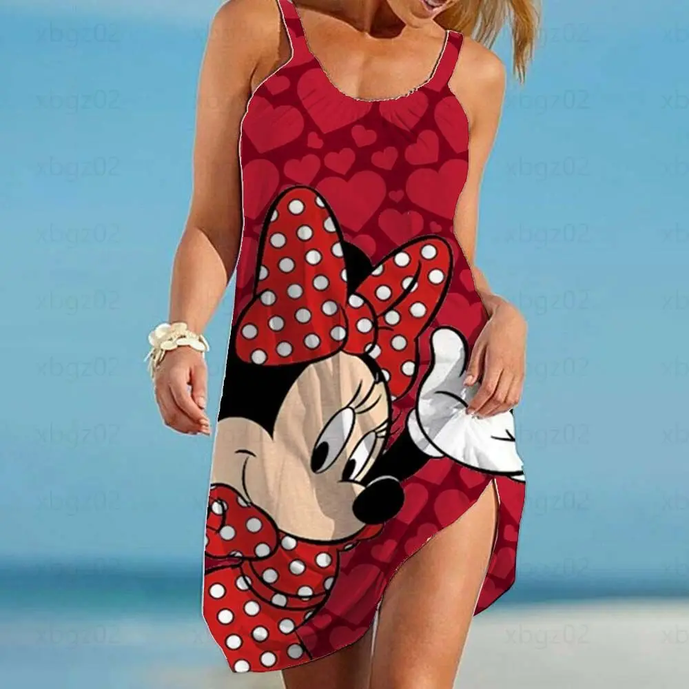 

2022 Summer Mickey Minnie Ladies Fashion Sling Print Dress Disney Ladies Sexy Loose Seaside Beach Casual Beach Dress