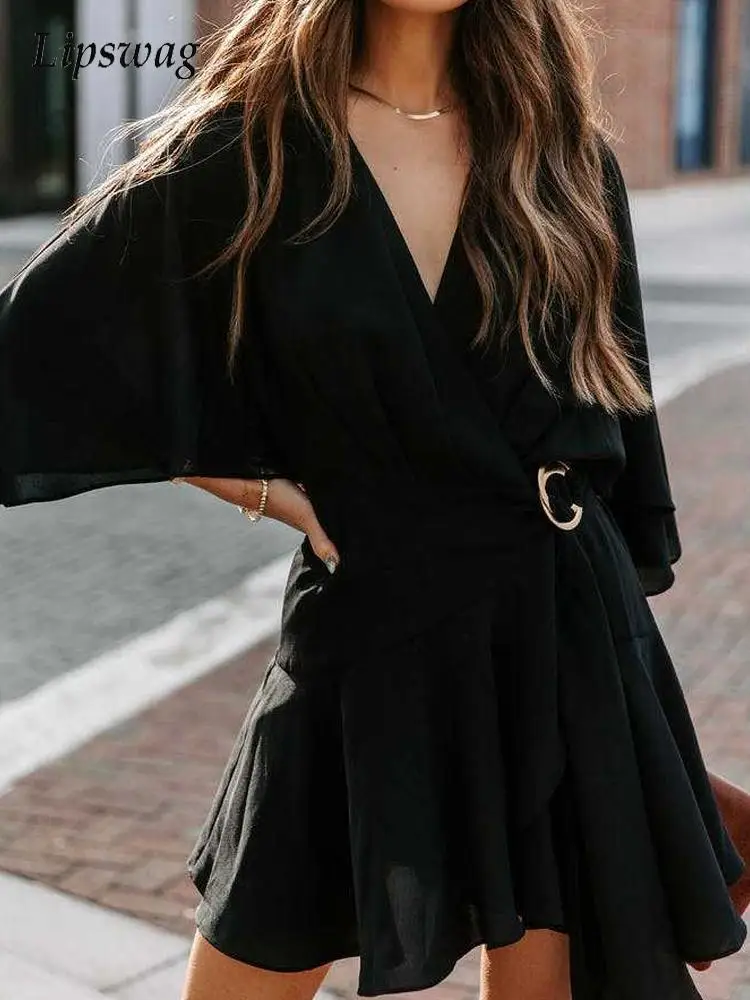 

Summer Elegant Loose Batwing Sleeve Dress Women Fashion Solid V-Neck Party Dresses For Femme Casual Lace-up A-Line Dress Vestido