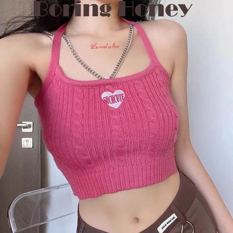 

Boring Honey Crop Top For Women Sexy Halter Embroidery Tank Tops Knitted Sleeveless Slim Fit Short Tops Women Ribbed Clothes