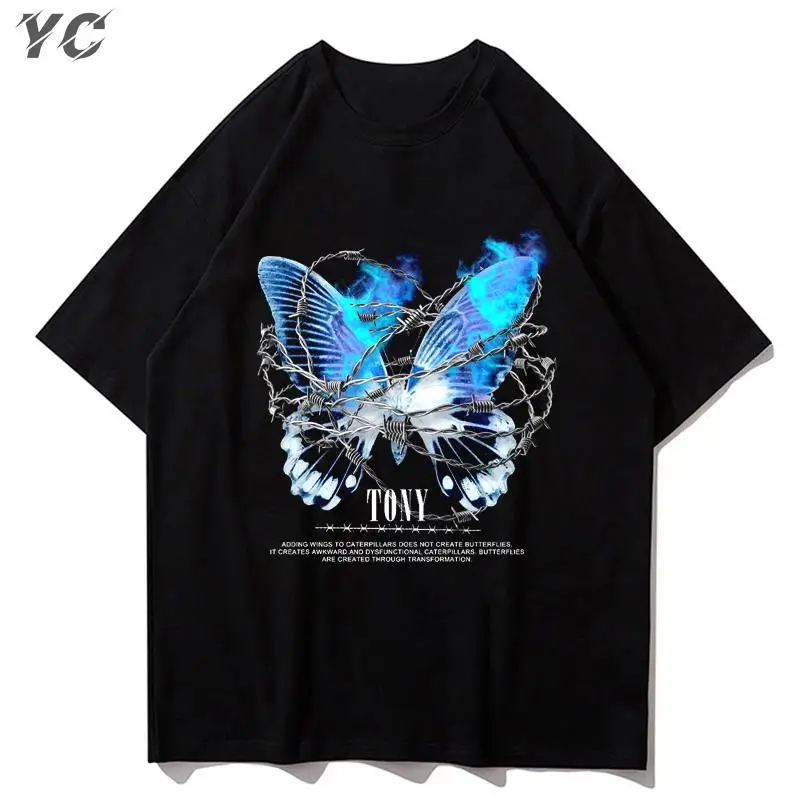 

Men T-Shirt Oversized Hip Hop Cotton Short Sleeve Butterfly Graphic Print Korean Fashion Tops Summer Harajuku Streetwear Clothes