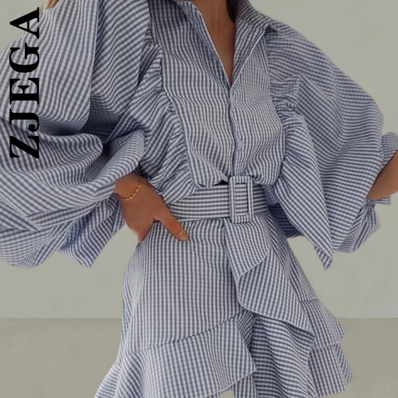 

Zjega New Dress Women Belt blue plaid batwing long sleeve Office ruffle shirt mini dress Stylish Vestidos Female Clothing