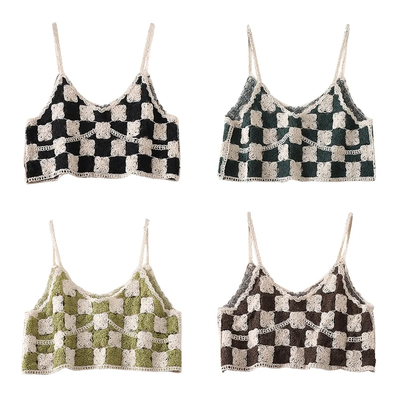 Женский вязаный крючком укороченный топ без рукавов клетчатый свитер в цветочек