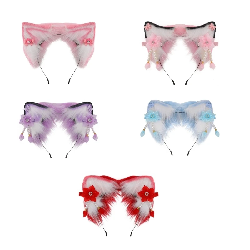 

Cartoon Foxes Ear Shape Hair Hoop with Bowknot/Flower Decors Hair Holder Cosplay Party Headwear for Teenagers Adult