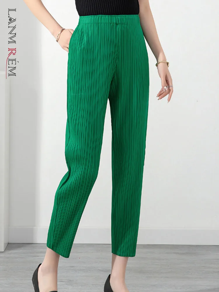 

LANMREM Pleated Solid Color Harem Pants Women Pocket Elastic High Waist Female Fashion Ankle-length Trousers 2023 Summer 2I576
