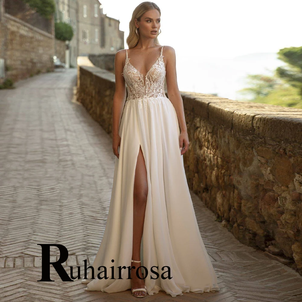 

Ruhair Charming V-Neck Wedding Dresses 2023 Bride Appliques Lace Backless A-Line Slit Made To Order Robe De Soirée De Mariage