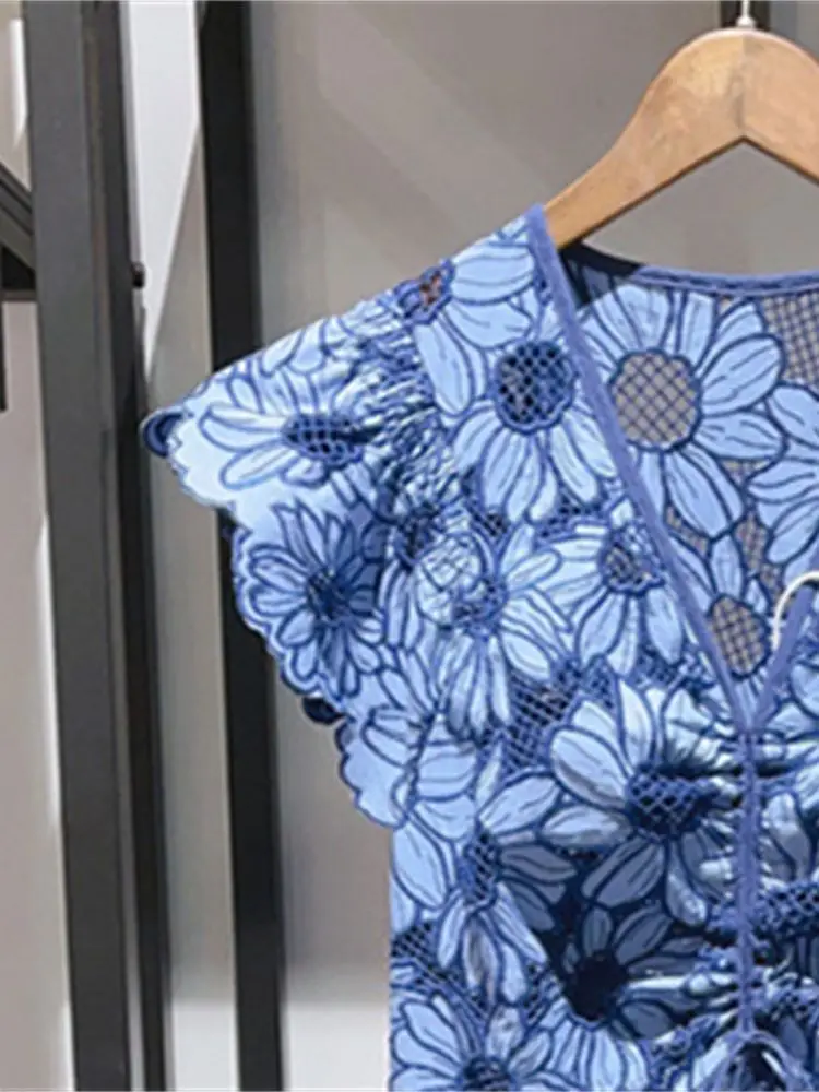 Blue Floral Embroidery Women's Mini Dress V-neck A-line Drawstring Hollow out Female Flying Sleeve Robe Summer 2023