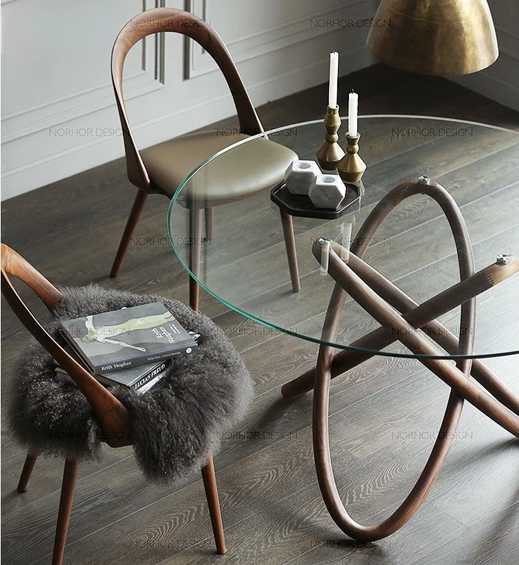 

Nordic modern minimalist dining table North America imported black walnut solid wood glass round table.