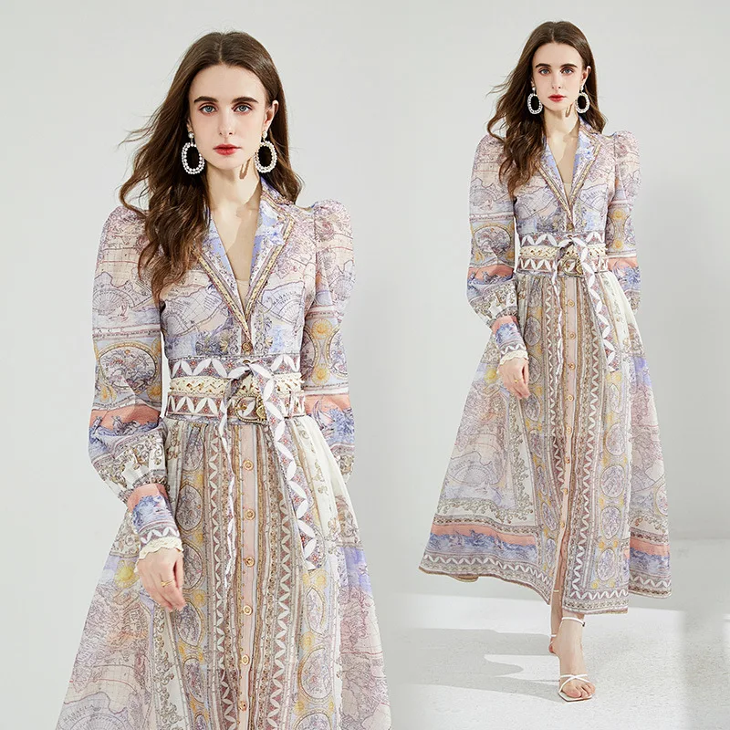 

New Silk Hemp Long Dress Printed Court Style Two-piece Blouse Plus Skirt with Belt women wedding dresses vintage bodycon dress