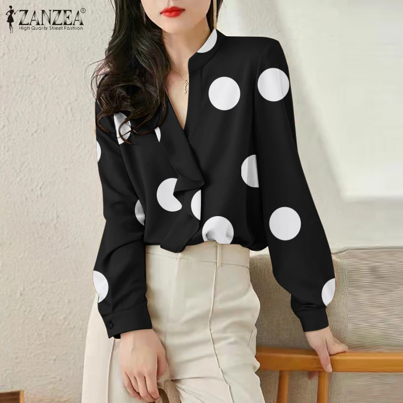 

Блузка ZANZEA женская с принтом в горошек, элегантный топ с V-образным вырезом и длинным рукавом, Офисная рубашка, Повседневная вечерняя сорочк...