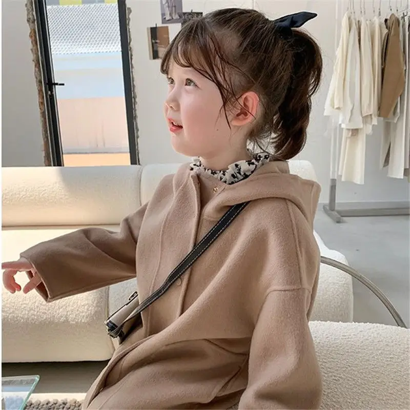 Girls' Coat 2022 Autumn and Winter New Children's Hoodie Fashionable Coat Baby Mid-Length Woolen Coat