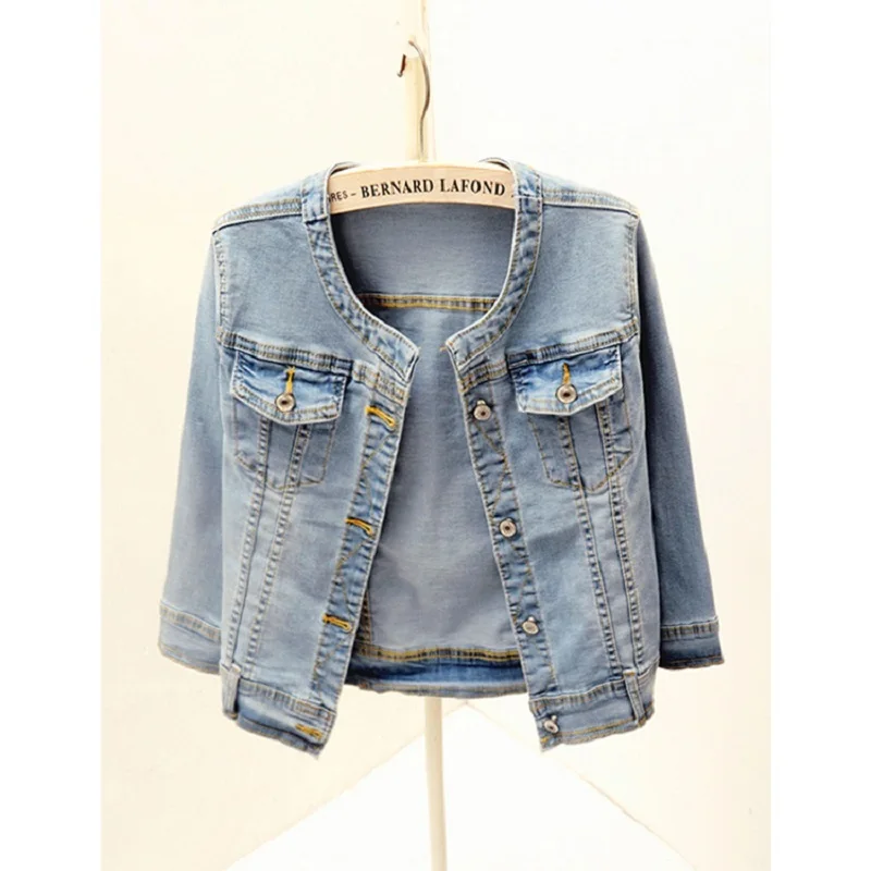 

Vintage Elasticity Slim Short Denim Jackets Women Cowboy Outerwear Pocket O Neck Three Quarter Sleeve Jeans Jacket Coat Female