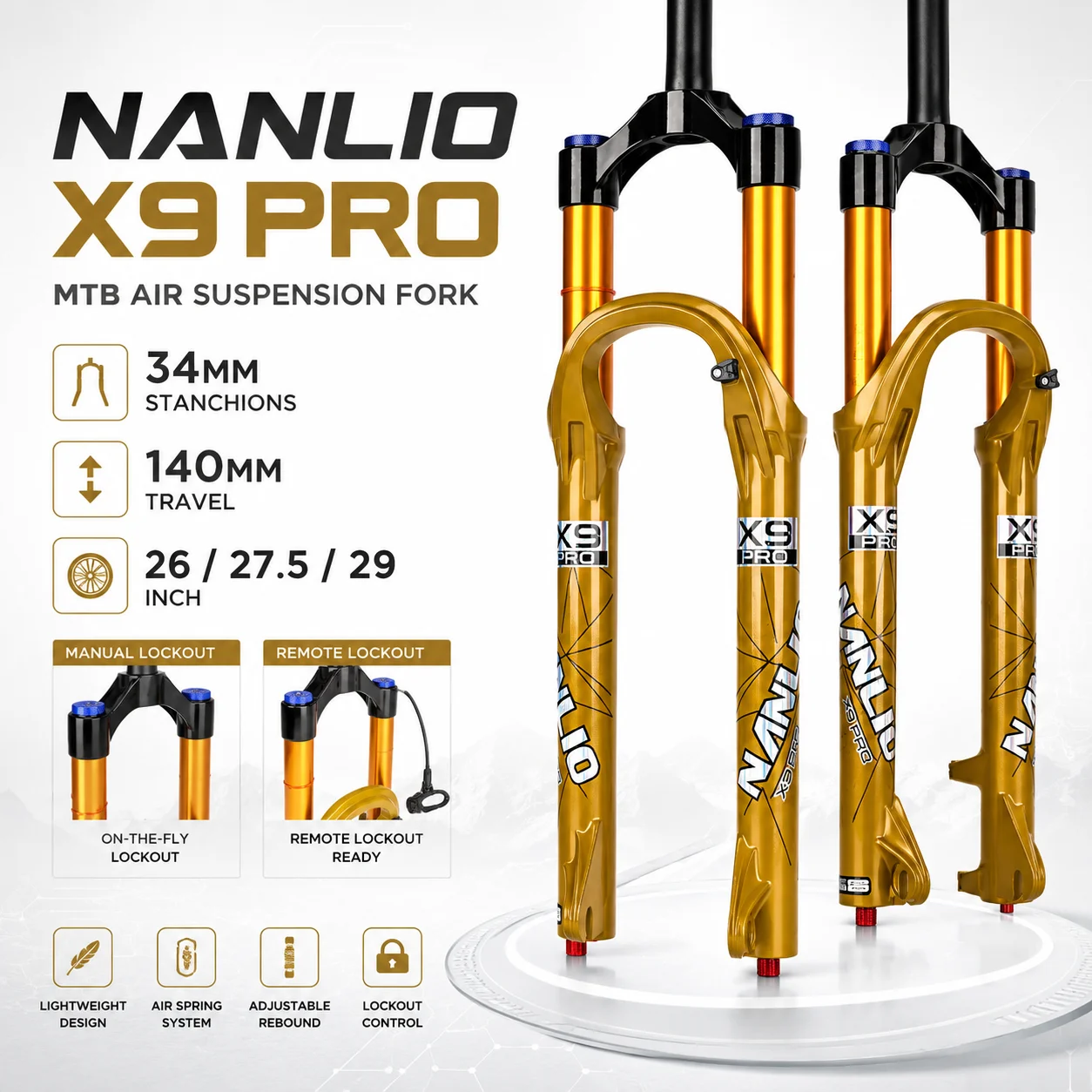 Фото Вилка амортизационная NANLIO X9 PRO MTB с воздушной подвеской, 34 мм шток, ход 140 мм, подходит для колес 26/27.5/29 дюймов, с регулировкой демпфирования №5