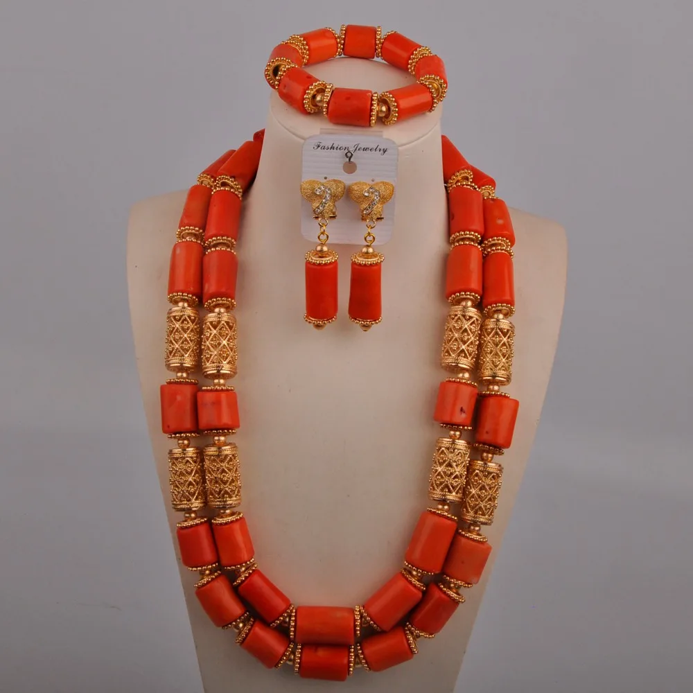 

Nigerian Wedding Orange Coarl Necklace 24Inches African Beads Jewelry Set